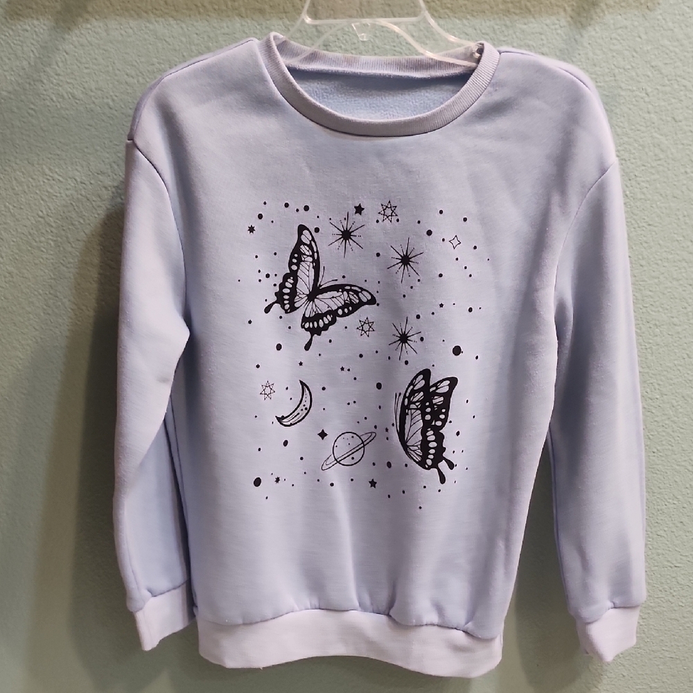 Shein Sweatshirt Blue with Butterfly and Star Design Size Small